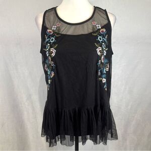 Cato floral embroidered black longline tulle overlay top size large